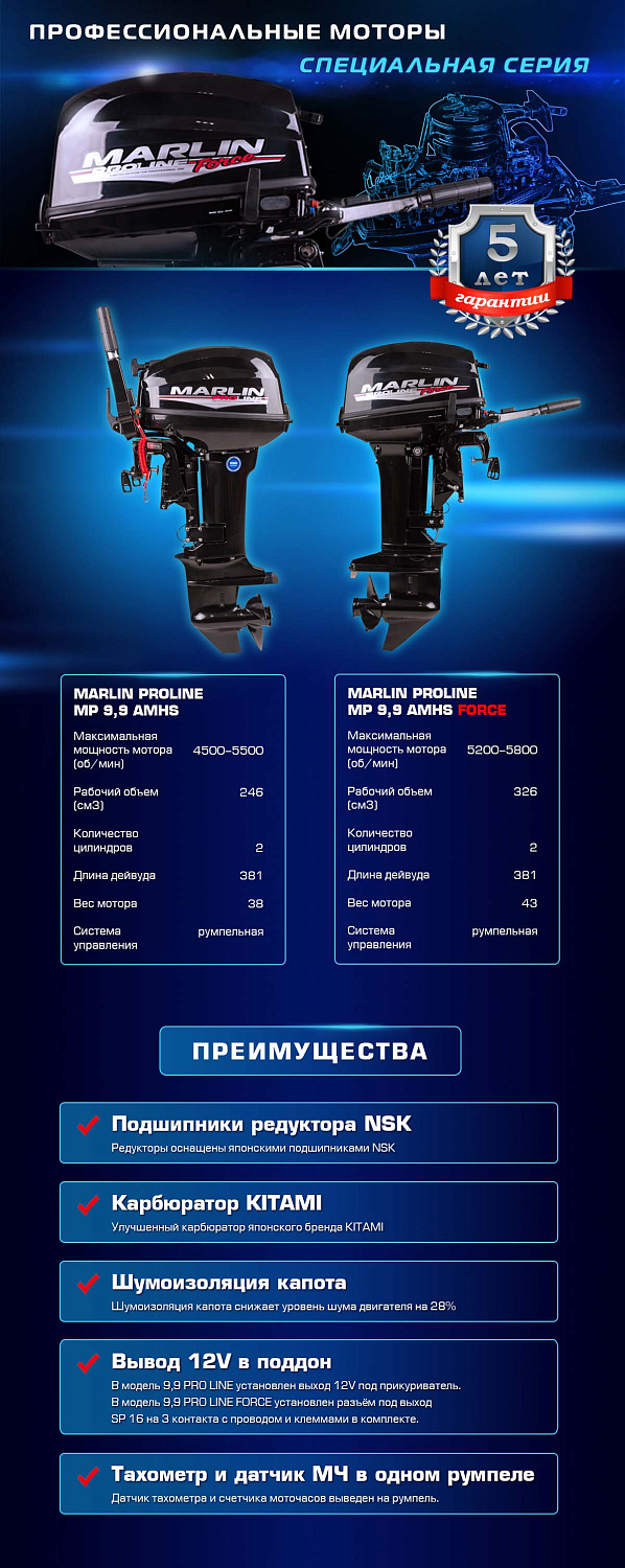 Лодочный мотор MARLIN PROLINE MP 9.9 (20) AMHS FORCE в Камышине